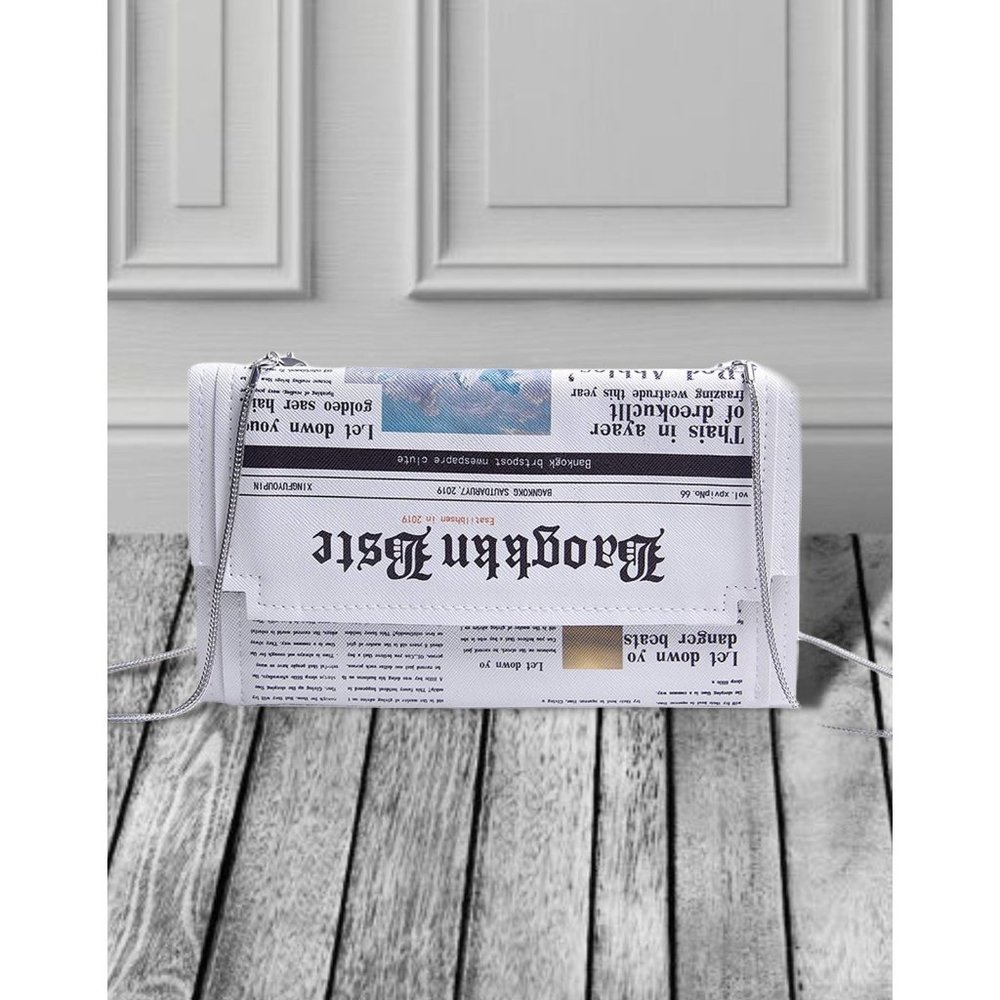 Novelty Newspaper Evening Handbag Clutch Crossbody Bag Envelope Purse Chain